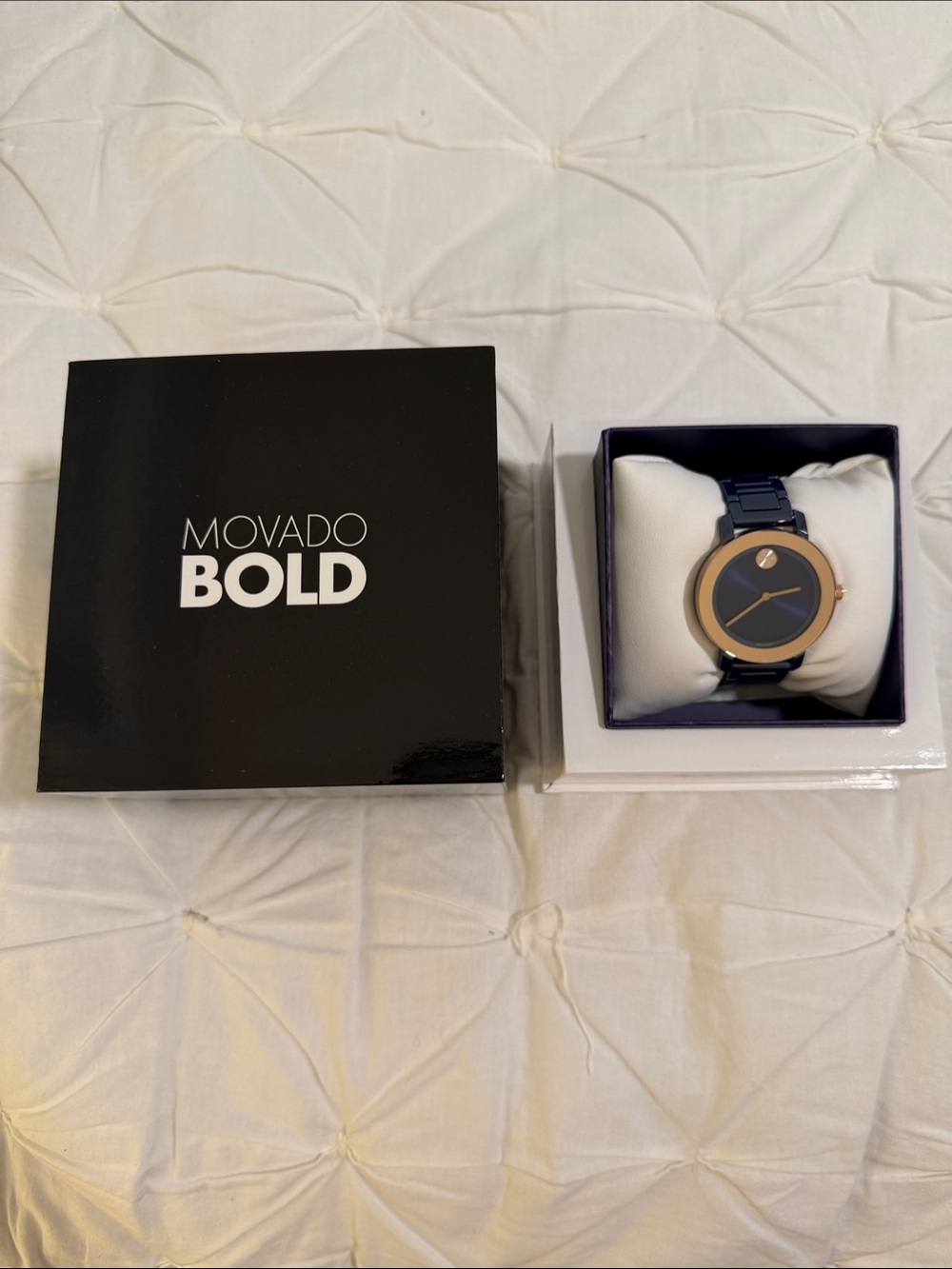MOVADO BOLD  Navy and Rose Gold Minimalist Bracelet Watch